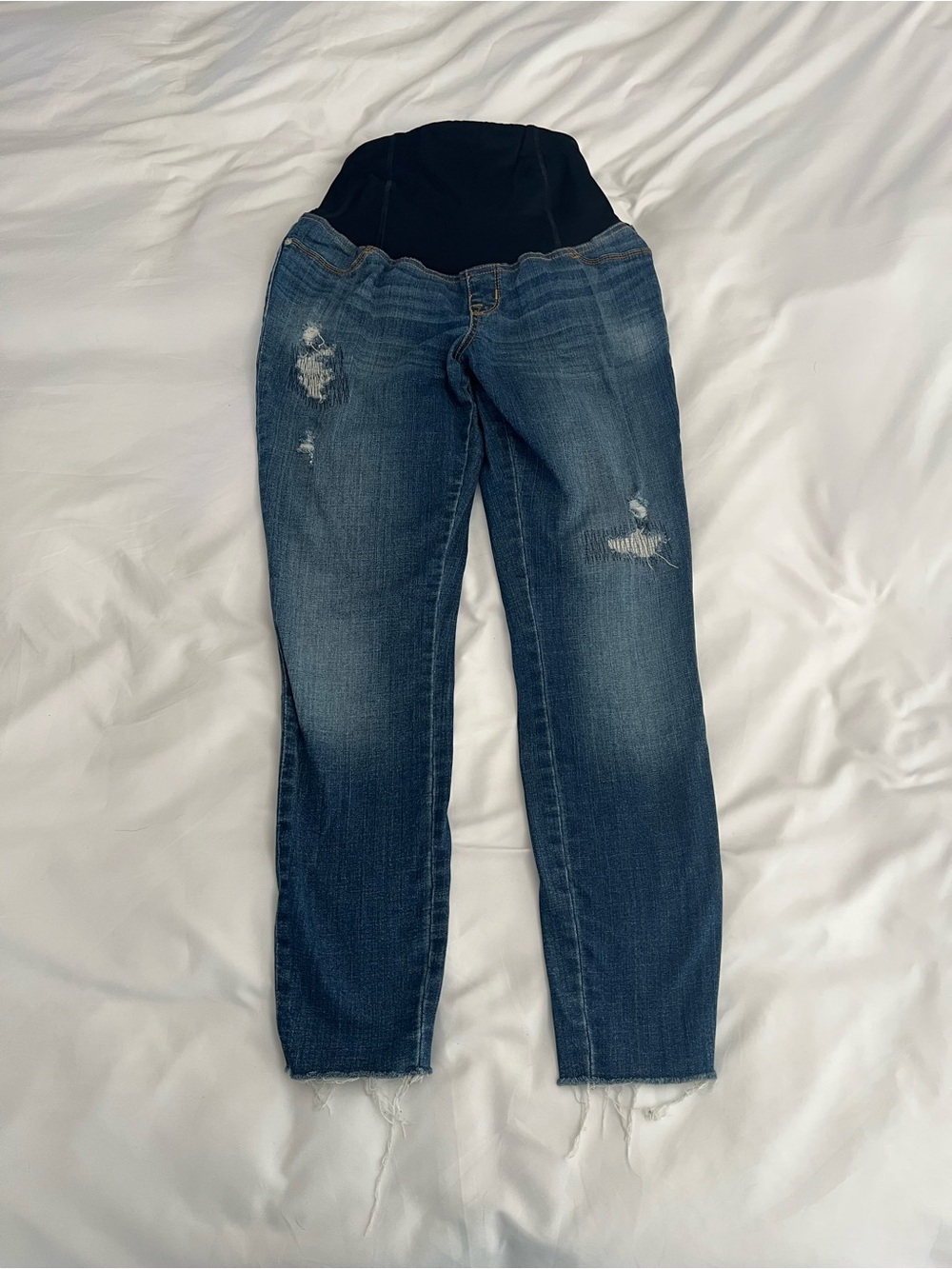 Maternity Distressed Blue Denim Jeans with Overband